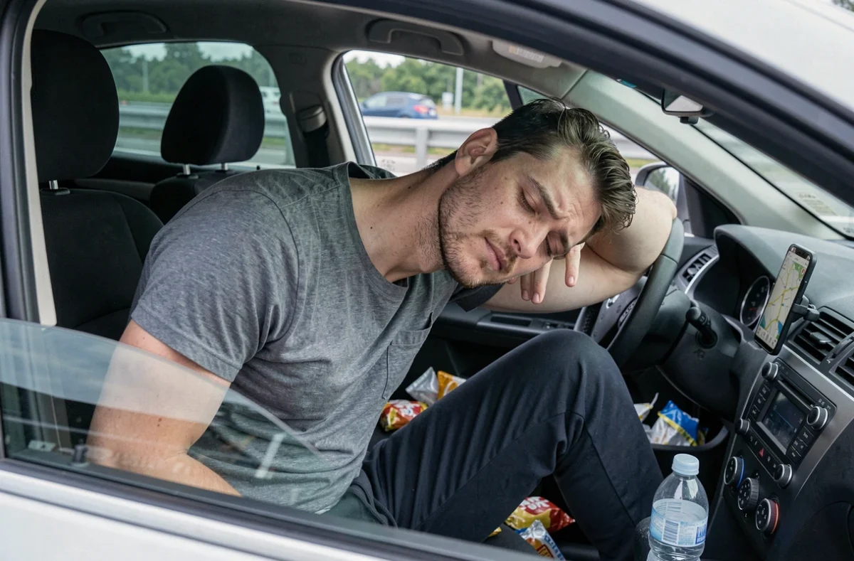 Un homme fatigué somnole dans sa voiture garée sur une aire d'autoroute après une longue journée de conduite en road trip