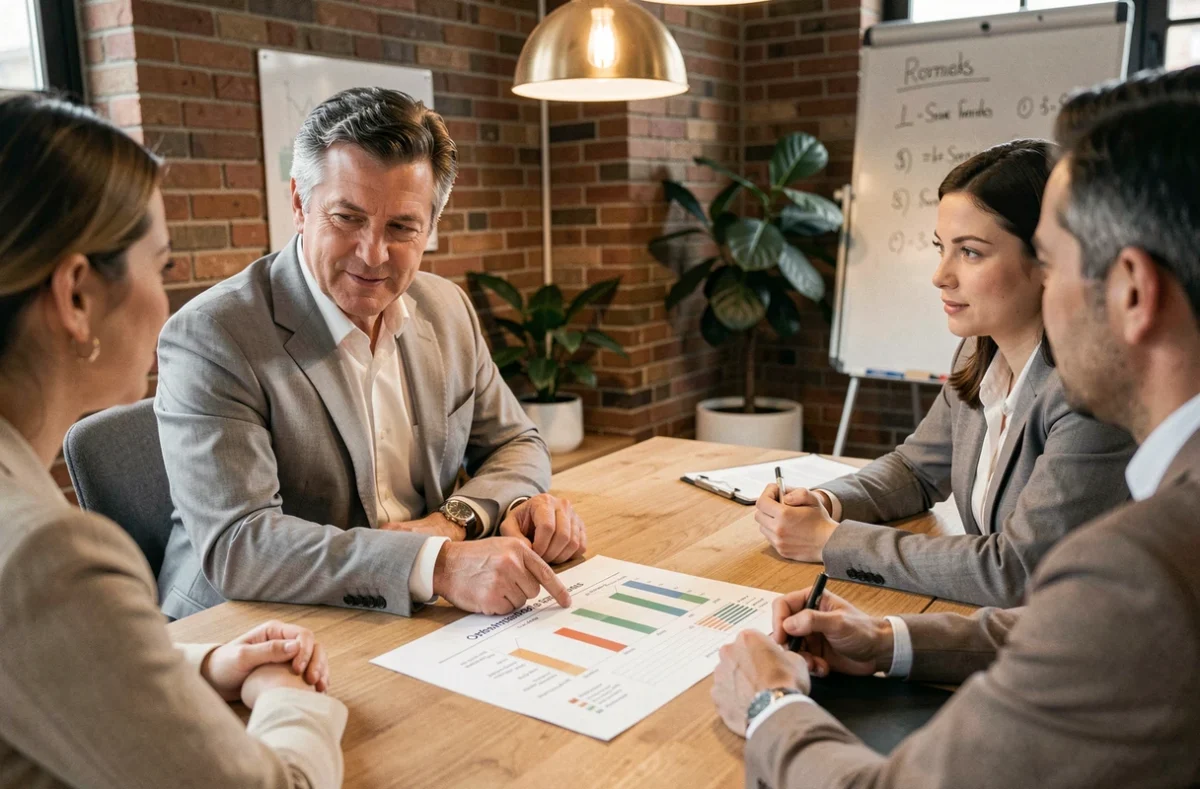 Conseiller financier présentant une stratégie de défiscalisation immobilière à des clients lors d'une réunion professionnelle