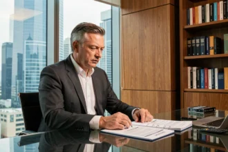Conseiller financier analysant des documents fiscaux internationaux dans un bureau moderne avec vue sur une métropole