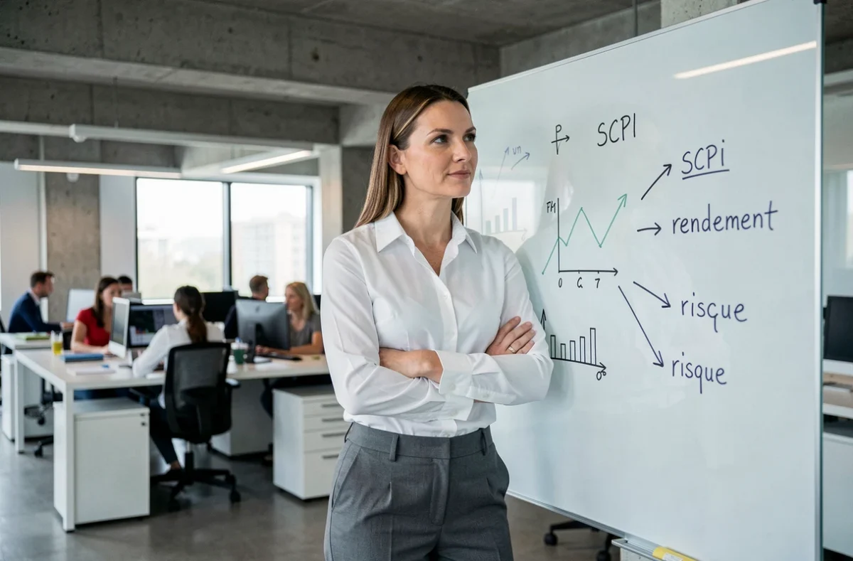 Conseillère financière expliquant les risques et rendements d'une SCPI devant un tableau de concepts financiers