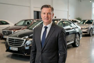 Dirigeant automobile devant une berline de luxe dans un showroom haut de gamme, illustrant la rentabilité des constructeurs automobiles