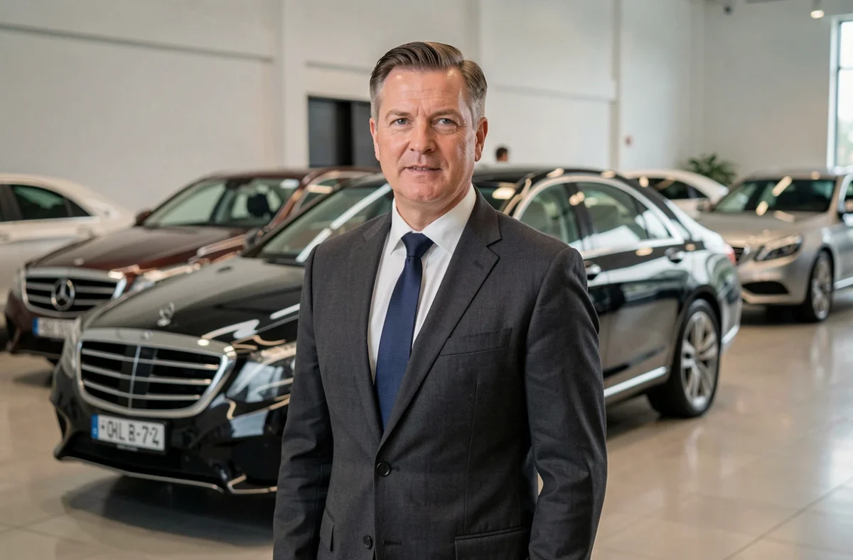 Dirigeant automobile devant une berline de luxe dans un showroom haut de gamme, illustrant la rentabilité des constructeurs automobiles