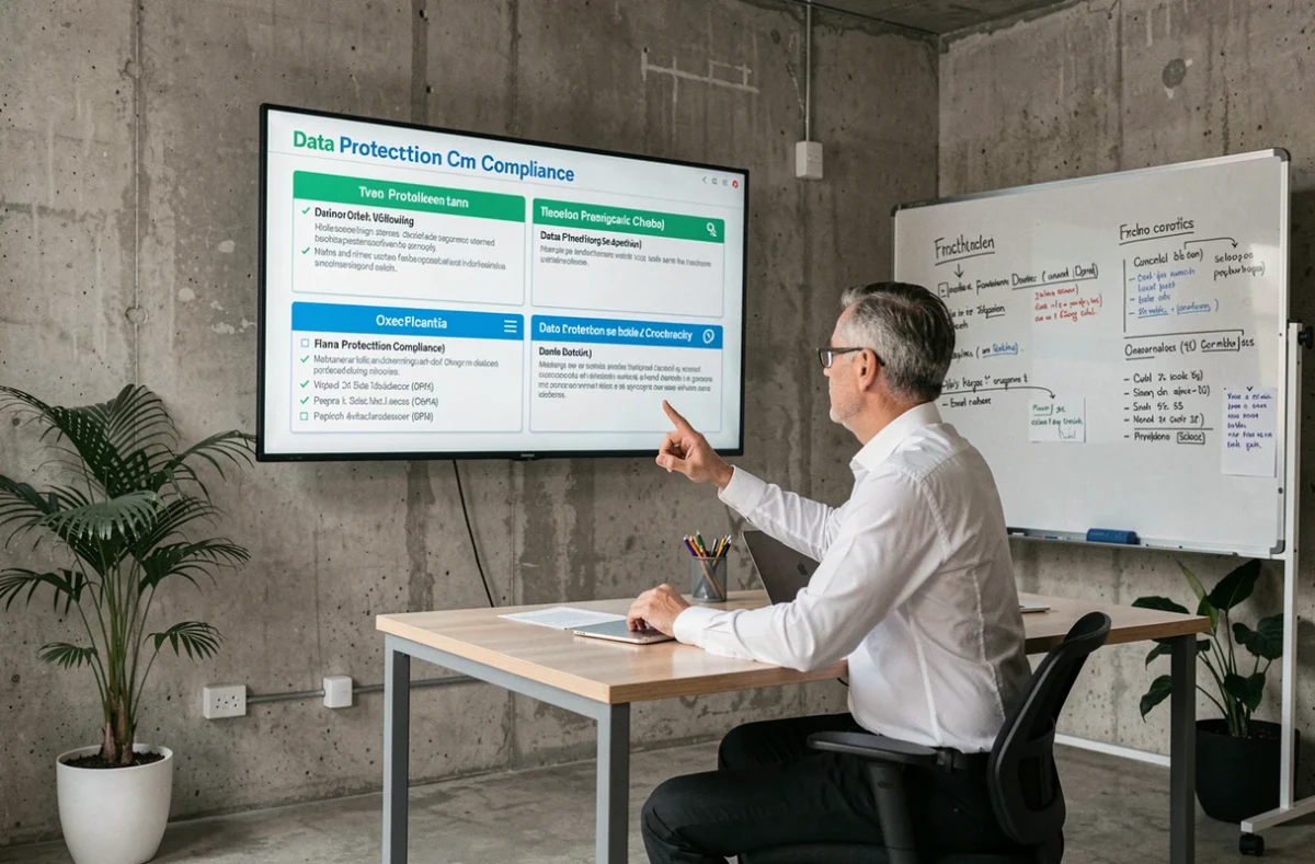 Consultant RGPD présentant une checklist de conformité sur un écran mural en entreprise