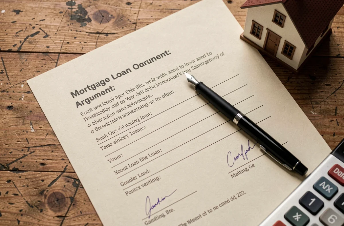 Vue rapprochée d'un contrat de prêt hypothécaire avec une maison miniature et un stylo sur un bureau en bois