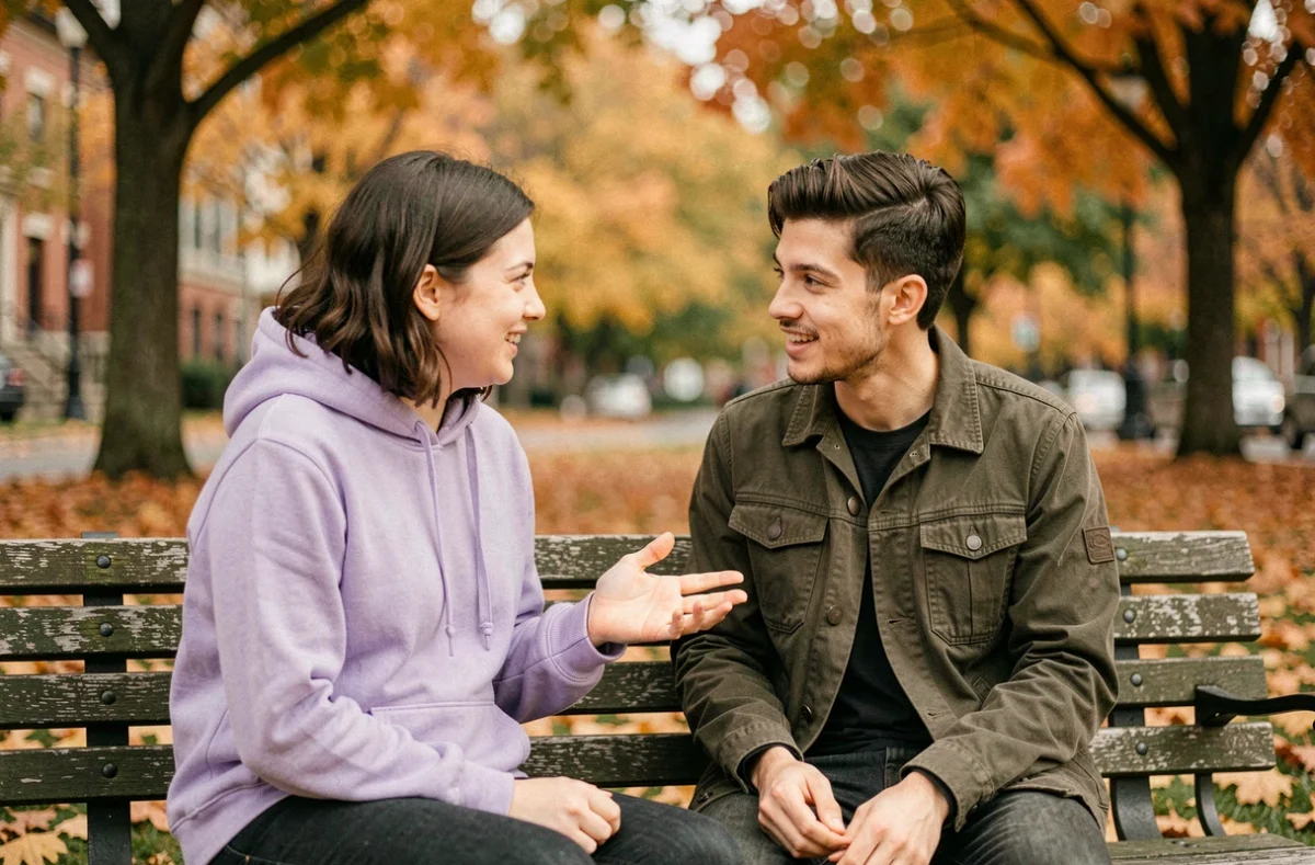 Deux jeunes adultes ayant une conversation sincère sur l'identité de genre dans un parc en automne, illustrant le soutien entre pairs