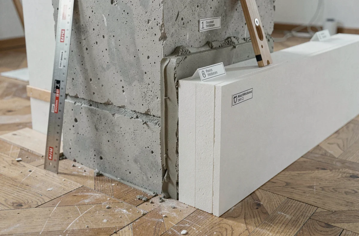 Coupe transversale d'un mur intérieur isolé montrant les différentes couches de matériaux isolants et de placo