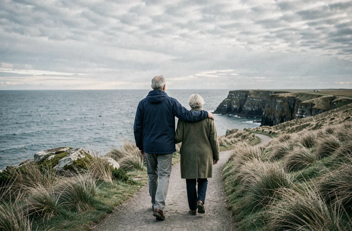 Couple âgé marchant sur un sentier côtier en bord de mer, enlacés face à l'horizon, évoquant la longévité et la solidité d'une relation amoureuse