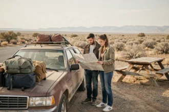 Un couple consulte une carte routière dépliée sur le capot d'un break chargé de bagages lors d'un road trip dans le désert américain