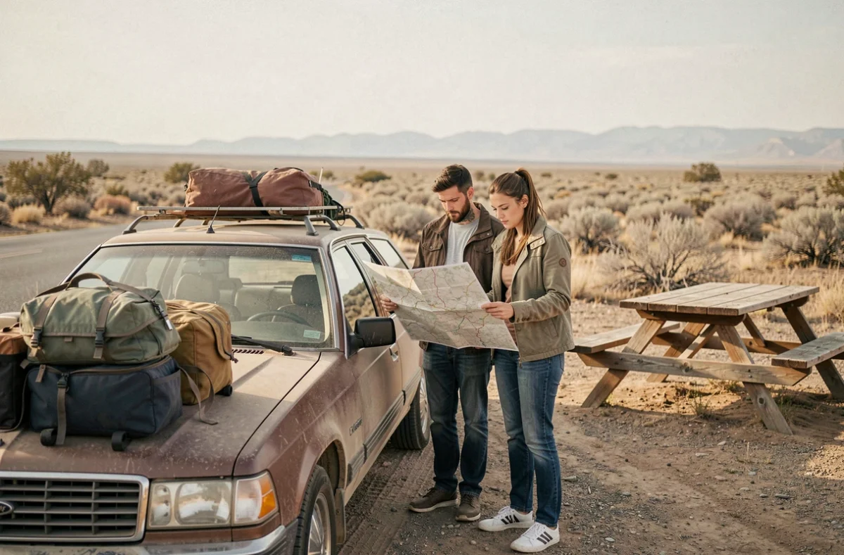 Un couple consulte une carte routière dépliée sur le capot d'un break chargé de bagages lors d'un road trip dans le désert américain