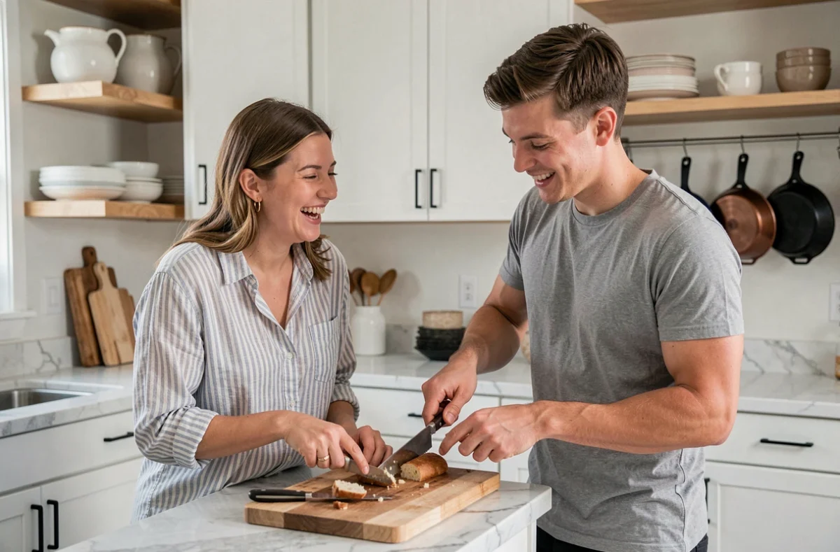 Couple de trentenaires cuisinant ensemble dans une cuisine moderne, riant et complices, illustrant le partage du quotidien dans une relation durable