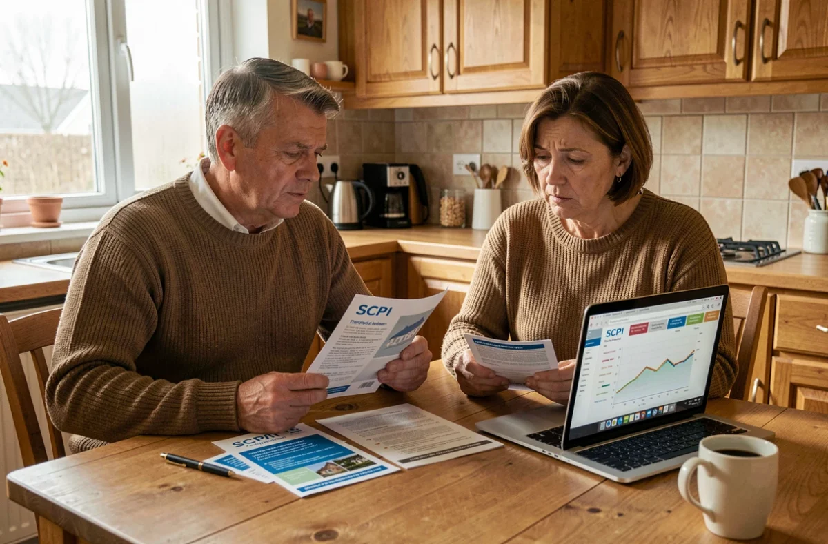 Couple de particuliers étudiant les risques d'un investissement en SCPI à la maison avec des brochures et un ordinateur