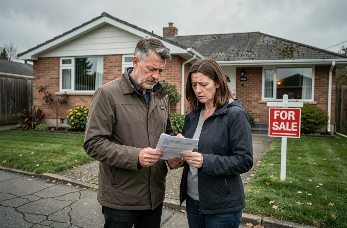 Couple inquiet devant une maison à vendre tenant un contrat de prêt hypothécaire avec des expressions préoccupées