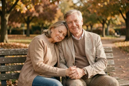 Couple mature assis sur un banc dans un jardin en automne, main dans la main, symbolisant la complicité et la durée d'un amour durable