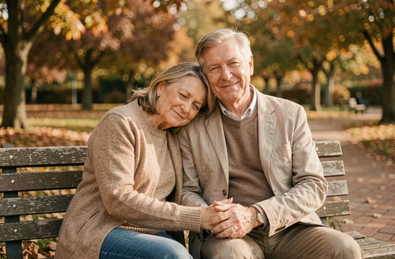 Couple mature assis sur un banc dans un jardin en automne, main dans la main, symbolisant la complicité et la durée d'un amour durable