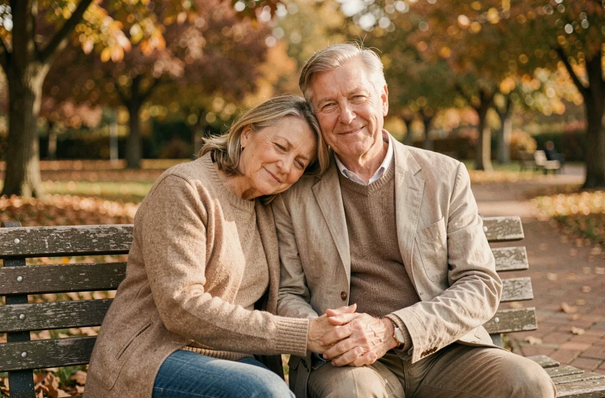 Couple mature assis sur un banc dans un jardin en automne, main dans la main, symbolisant la complicité et la durée d'un amour durable