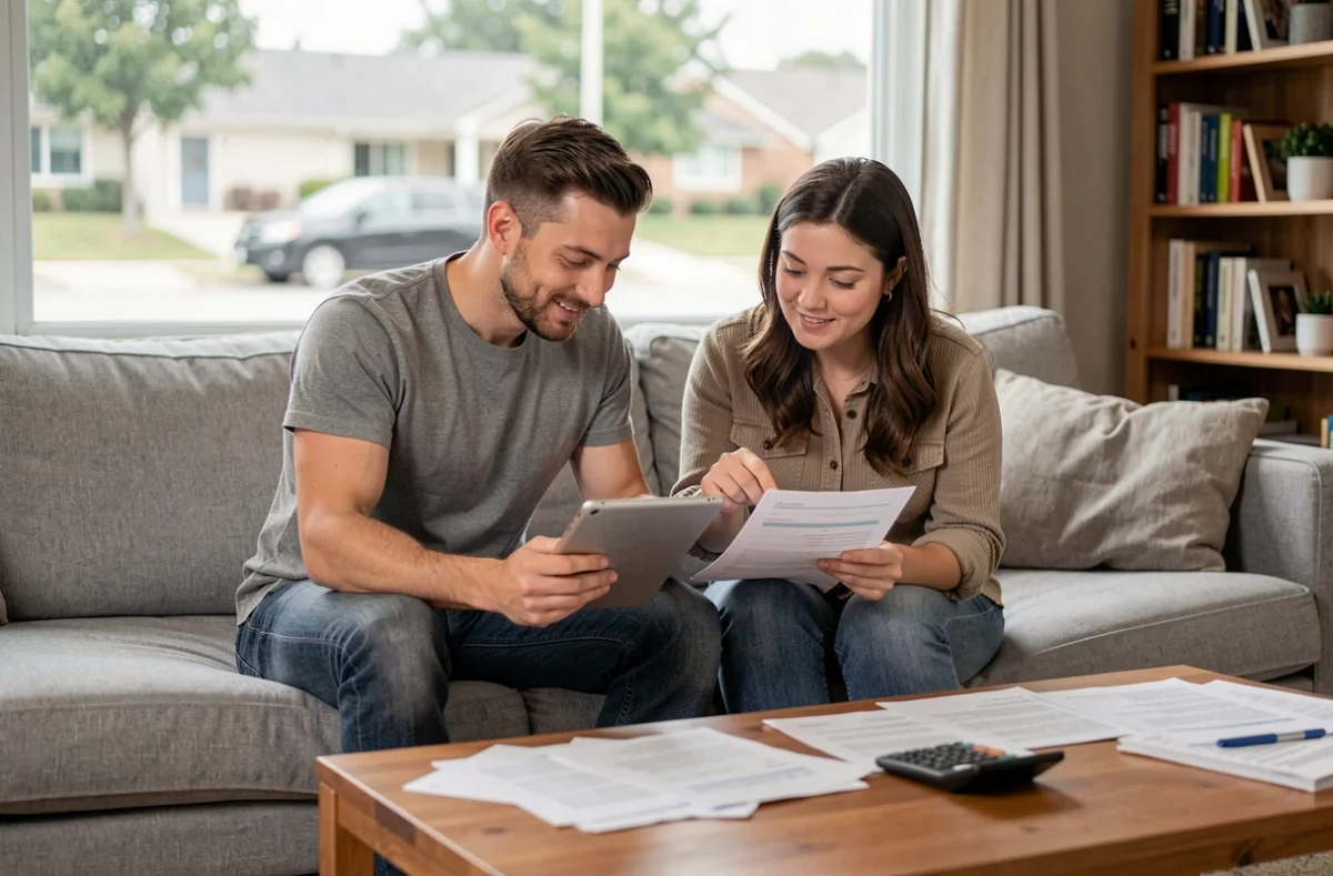 Un couple de millennials examine ensemble des documents financiers sur leur canapé pour préparer leur retraite