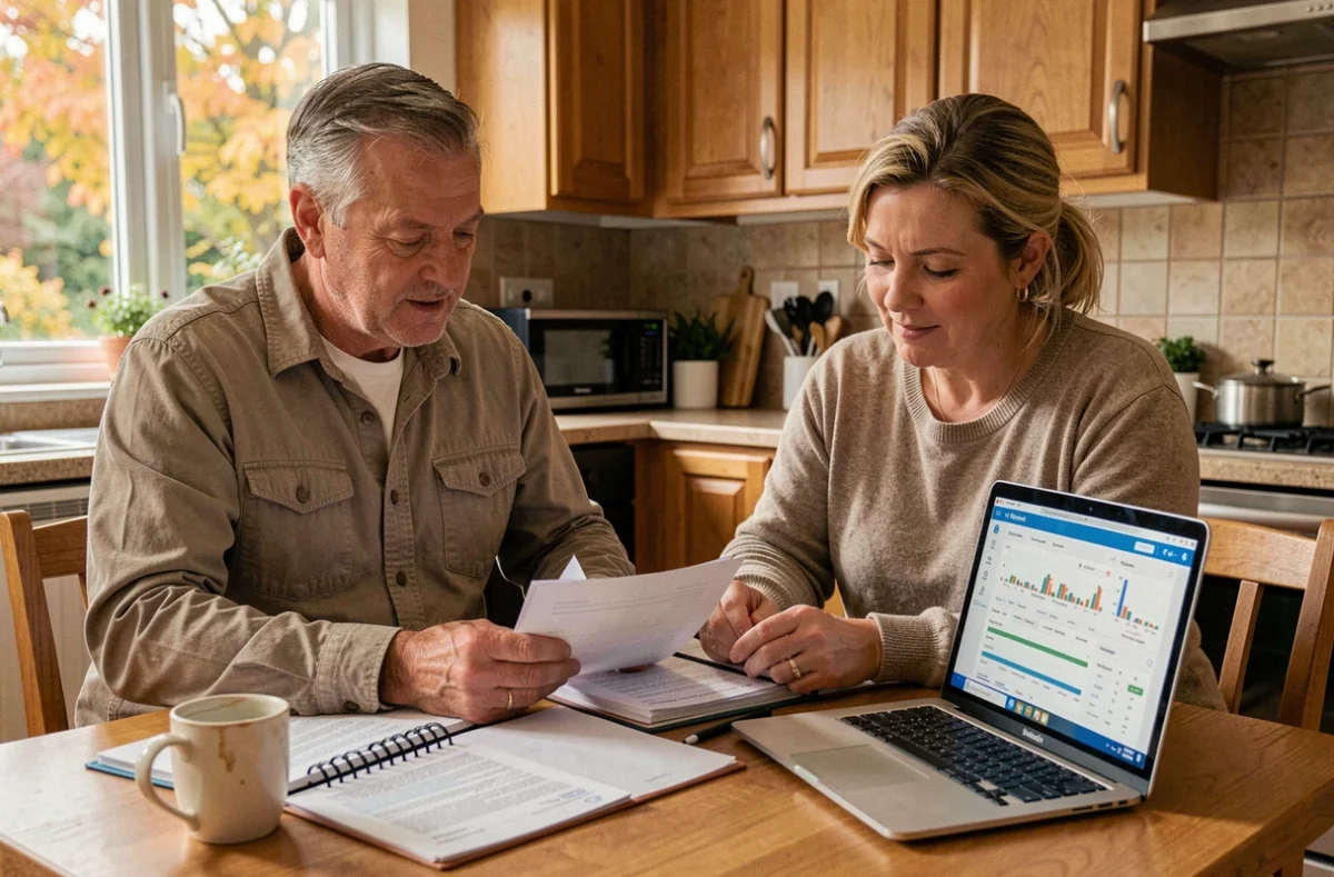 Un couple d'âge moyen examine ses finances personnelles et ses options d'investissement à la maison pendant une récession économique