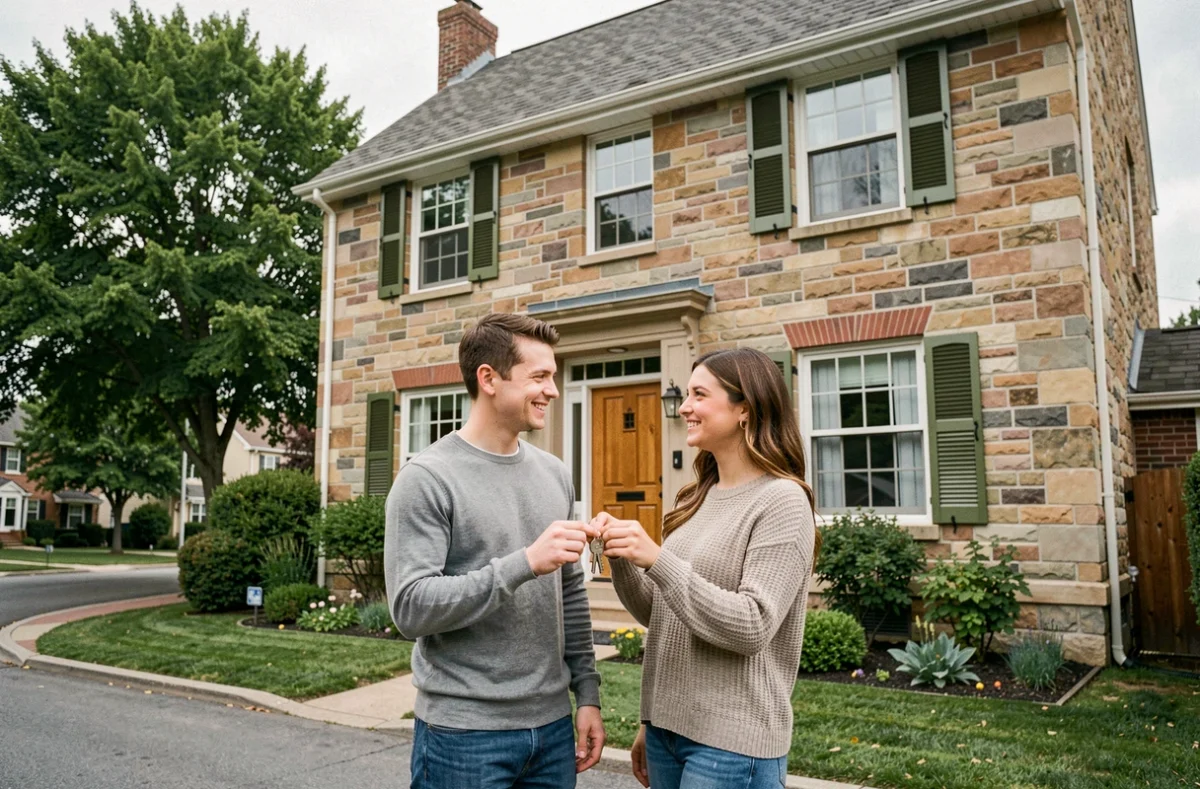 Un jeune couple de propriétaires devant leur maison acquise grâce à un crédit hypothécaire