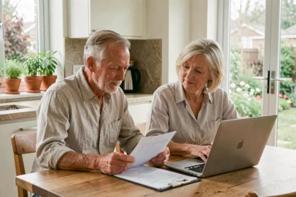 Couple de retraités consultant leurs finances à la maison pour préparer une retraite confortable