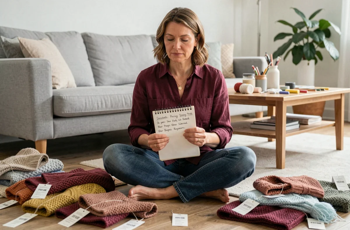 Femme créatrice Etsy révisant sa stratégie de prix et de mots-clés entourée d'écharpes tricotées faites main
