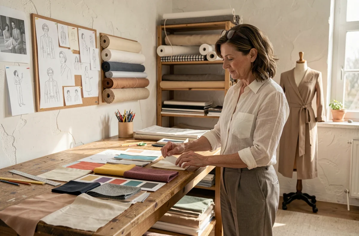 Une créatrice de mode travaille sur un tableau d'inspiration dans son atelier, symbolisant le processus créatif qui façonne les tendances vestimentaires et leur influence culturelle sur la société.