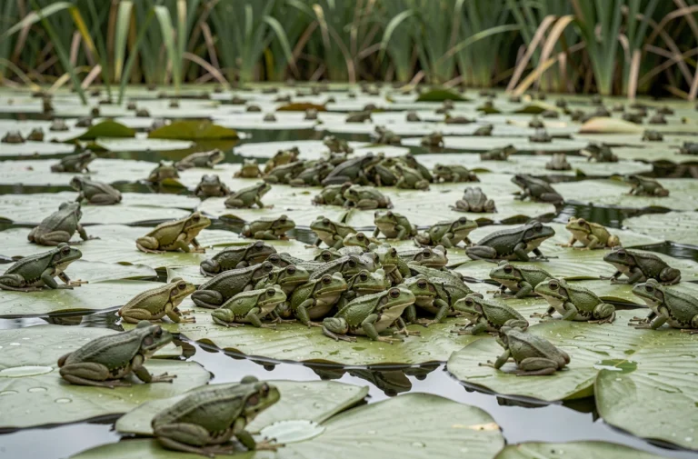 Colonie dense de grenouilles sur des nénuphars illustrant la croissance démographique exponentielle en écologie