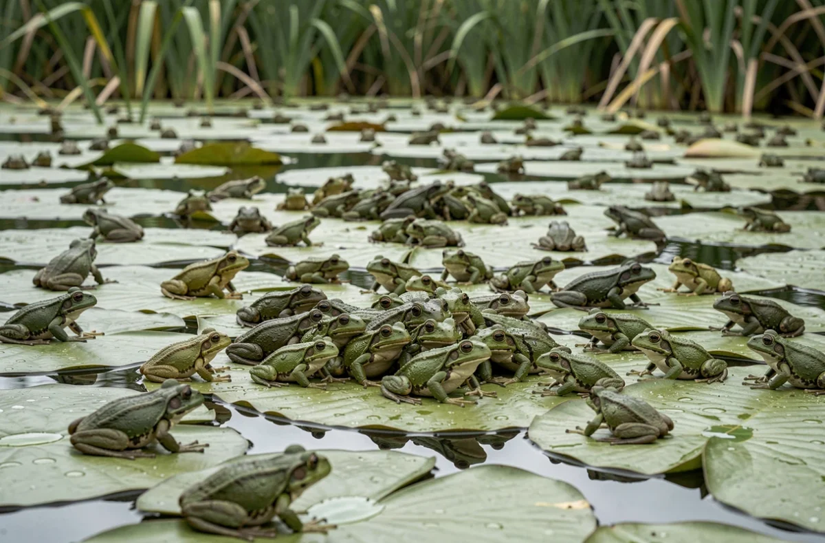 Colonie dense de grenouilles sur des nénuphars illustrant la croissance démographique exponentielle en écologie