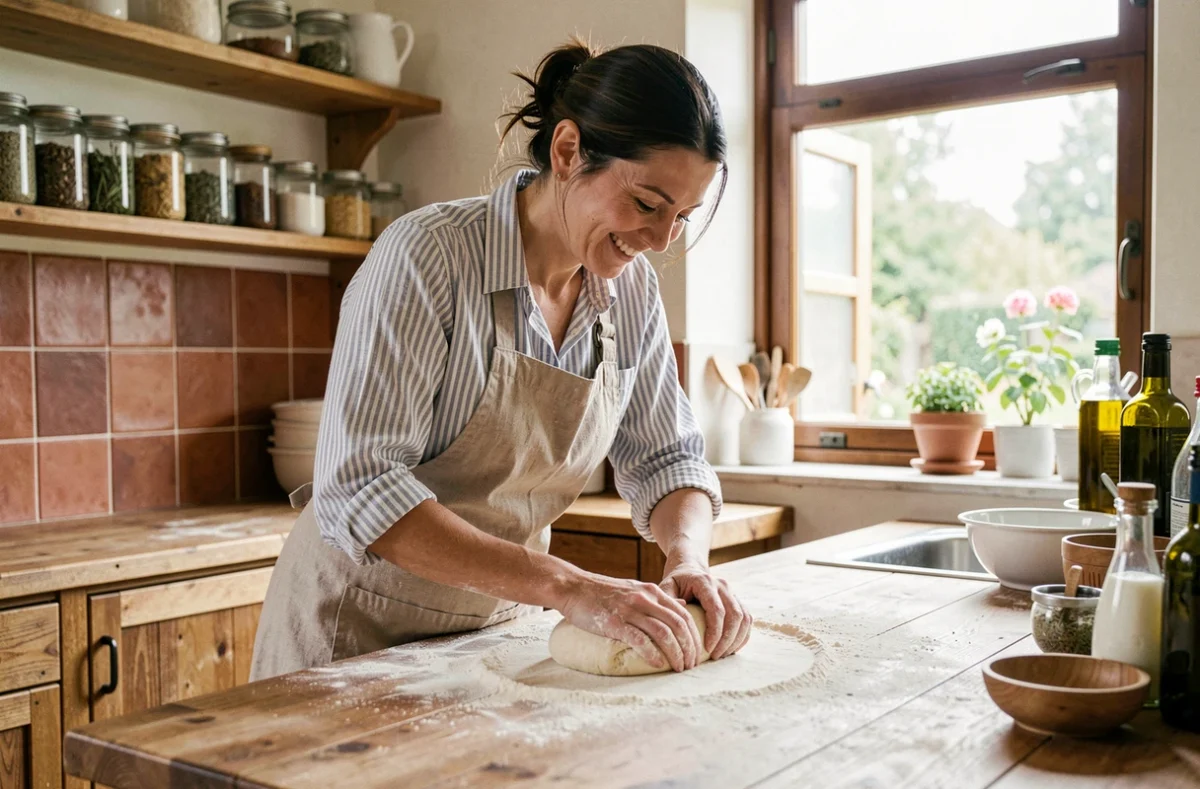 Femme préparant de la pâte fraîche à la main dans une cuisine rustique, art culinaire artisanal