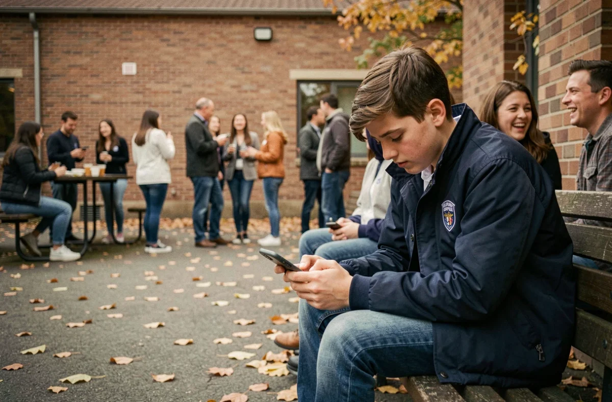 Adolescent isolé dans une cour d'école regardant son téléphone pendant que ses camarades socialisent, évoquant le cyberharcèlement et l'exclusion sociale liés aux réseaux sociaux