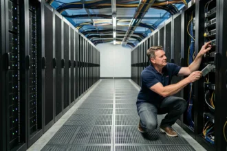 Salle de serveurs d'un datacenter illustrant la consommation énergétique du numérique et sa pollution environnementale