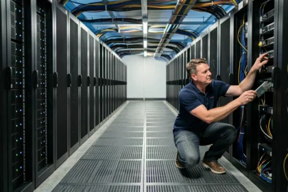 Salle de serveurs d'un datacenter illustrant la consommation énergétique du numérique et sa pollution environnementale