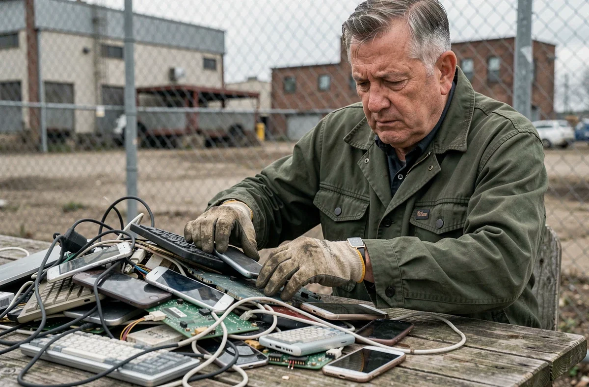 Homme triant des déchets électroniques illustrant la pollution liée aux équipements numériques en fin de vie