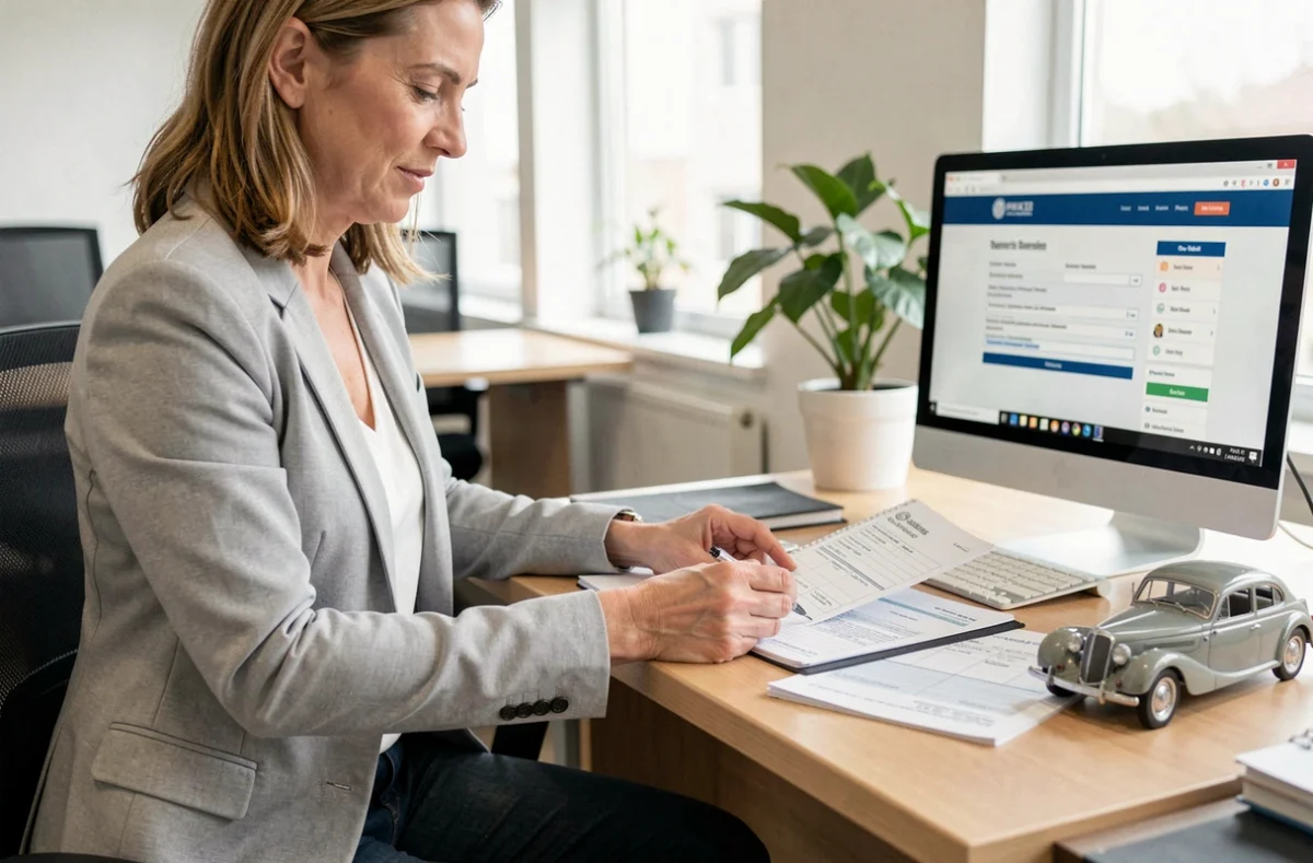 Une femme consulte les documents administratifs nécessaires pour immatriculer une voiture en collection auprès des autorités compétentes