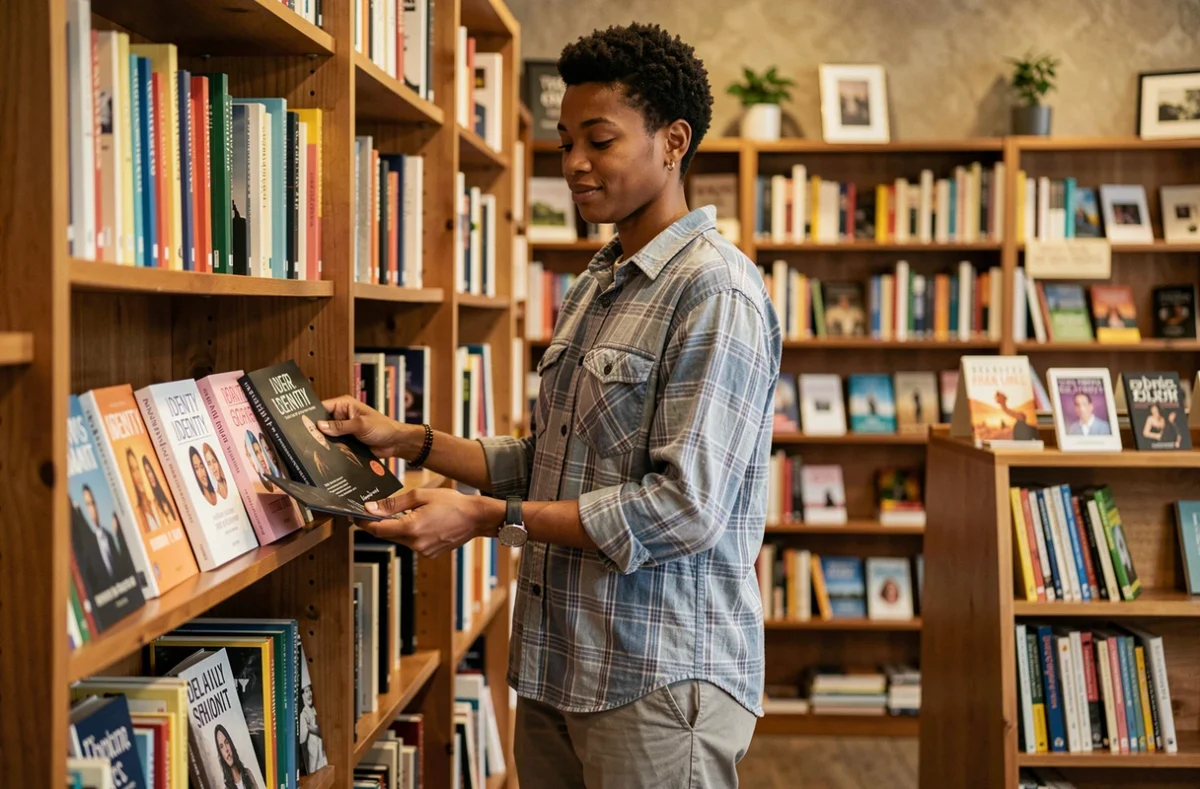 Personne non-binaire ou demiboy parcourant des livres sur l'identité de genre dans une librairie indépendante