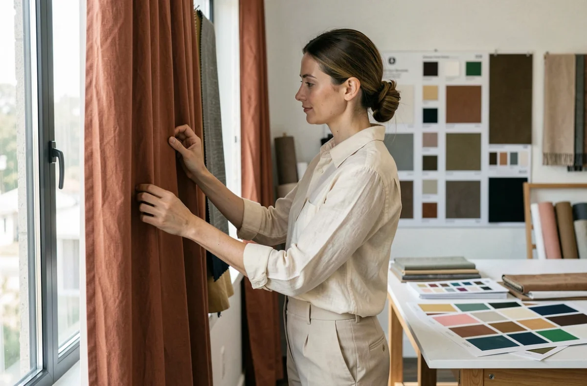 Designer d'intérieur présentant des échantillons de rideaux tendance terracotta pour la décoration 2026