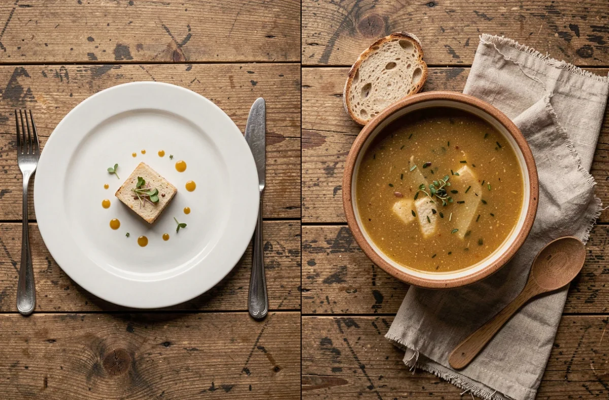 Comparaison visuelle entre une assiette gastronomique raffinée et un plat culinaire traditionnel sur une table en bois