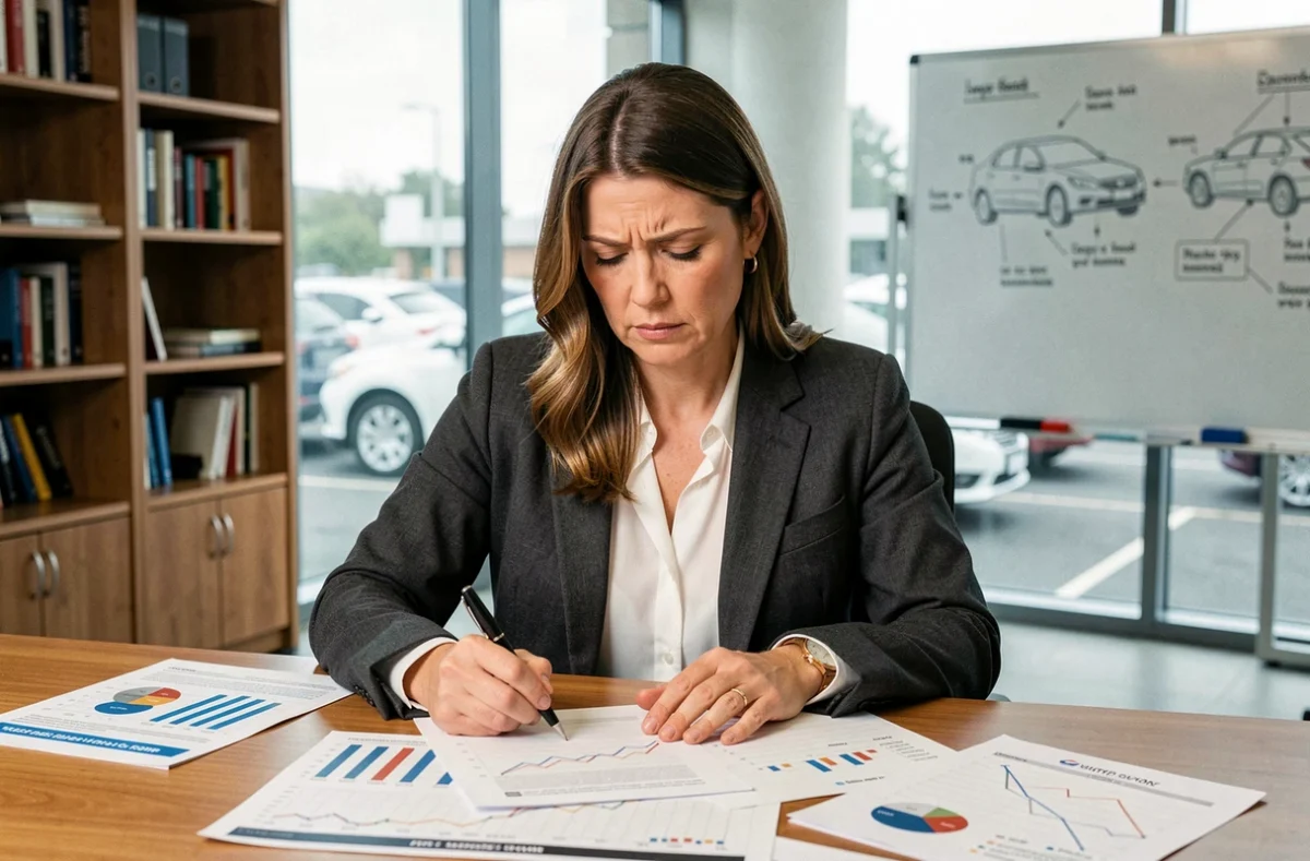 Directrice automobile analysant des rapports financiers face aux défis économiques du secteur