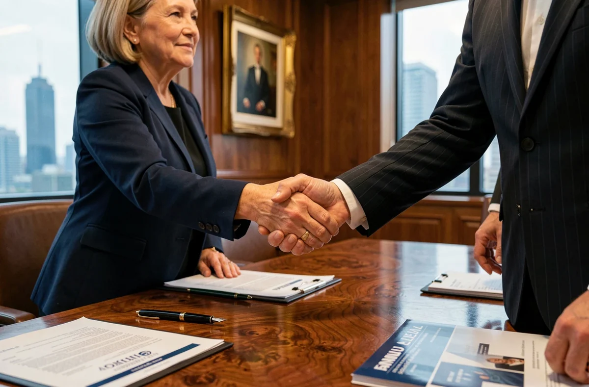 Poignée de main entre dirigeants dans une salle de conseil d'administration d'une banque de renommée mondiale
