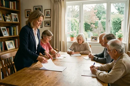 Femme dirigeant une réunion familiale autour d'une table en bois avec un ordre du jour manuscrit