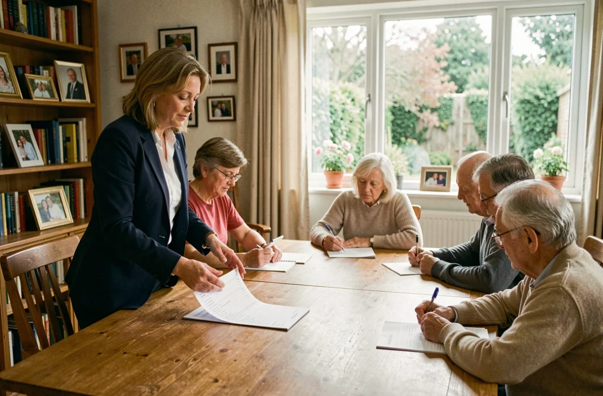 Femme dirigeant une réunion familiale autour d'une table en bois avec un ordre du jour manuscrit