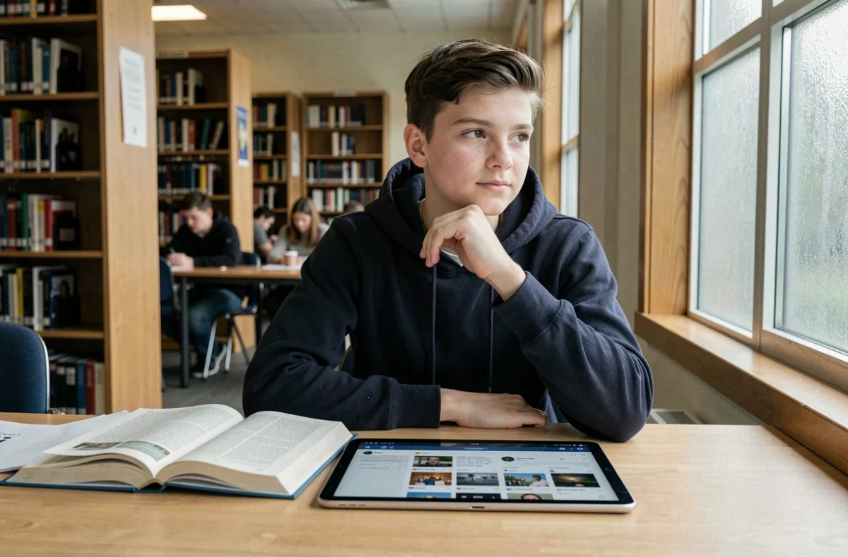Adolescent distrait par une tablette numérique à la bibliothèque, représentant l'effet de la technologie sur la concentration et la pensée profonde