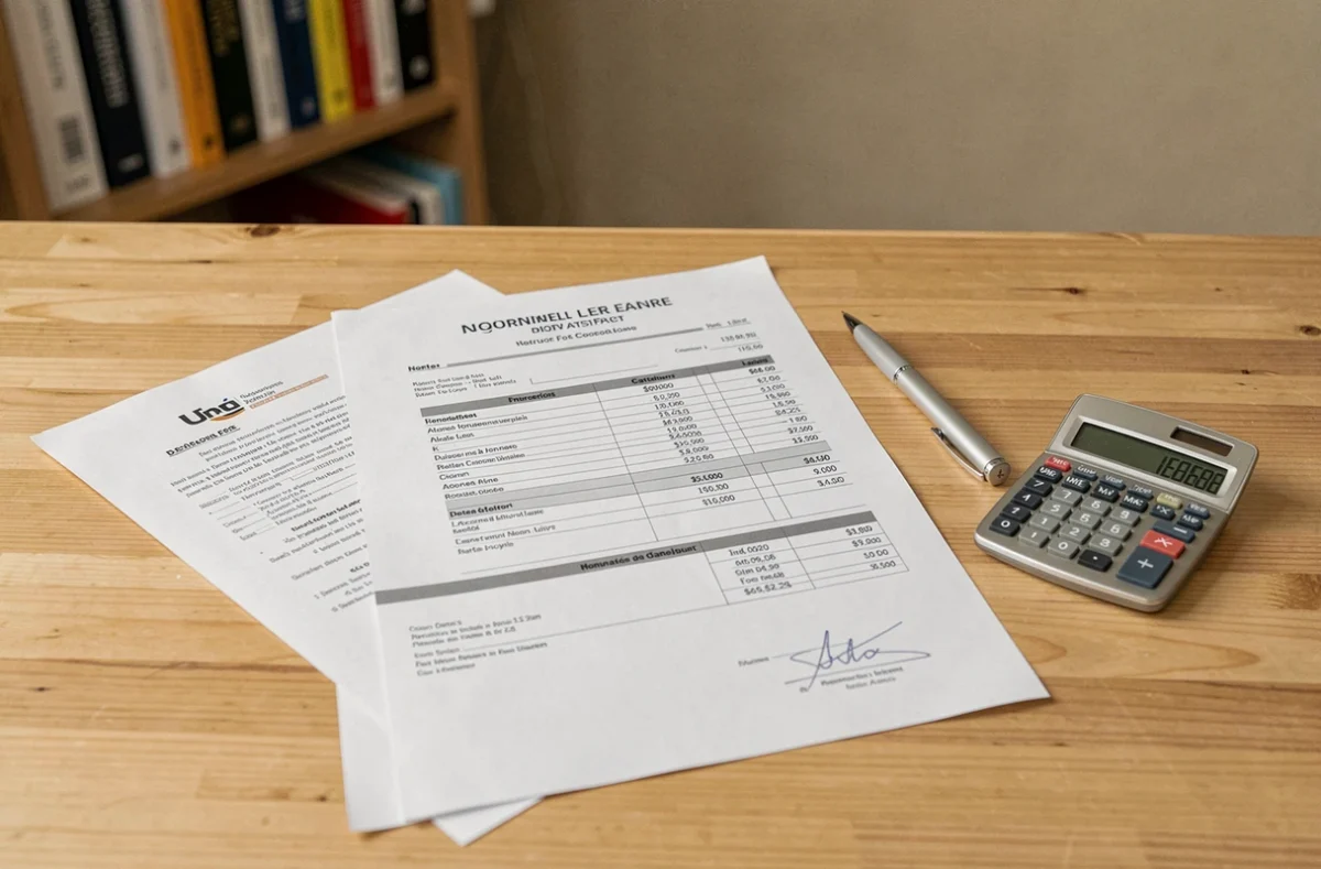 Documents détaillant les frais de notaire à la charge du vendeur posés sur un bureau professionnel