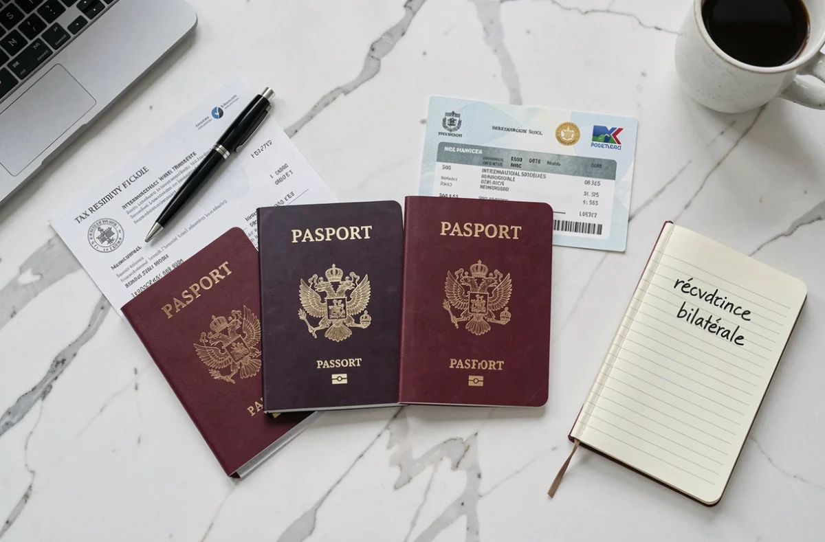 Vue aérienne de documents fiscaux et passeports illustrant la résidence fiscale et la double imposition