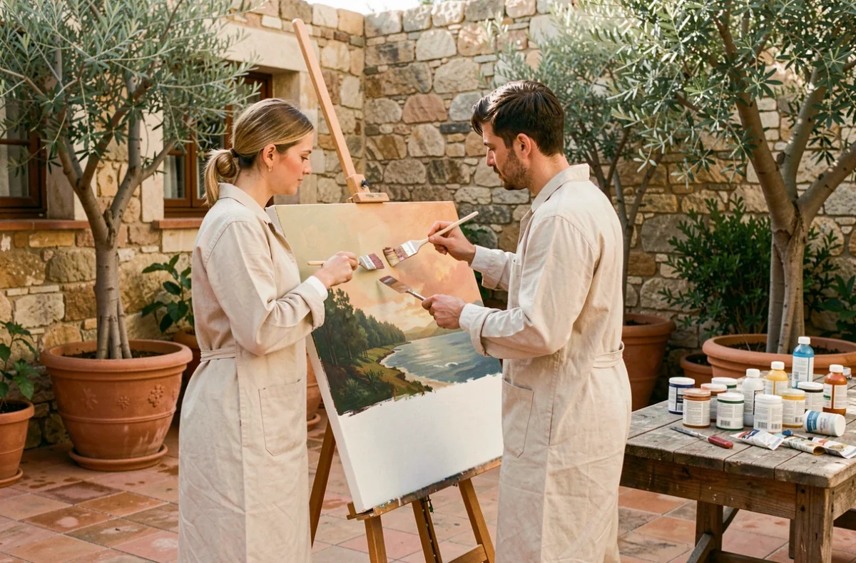 Deux artistes travaillant ensemble sur une grande toile en plein air dans une cour méditerranéenne, pratiquant la peinture propre