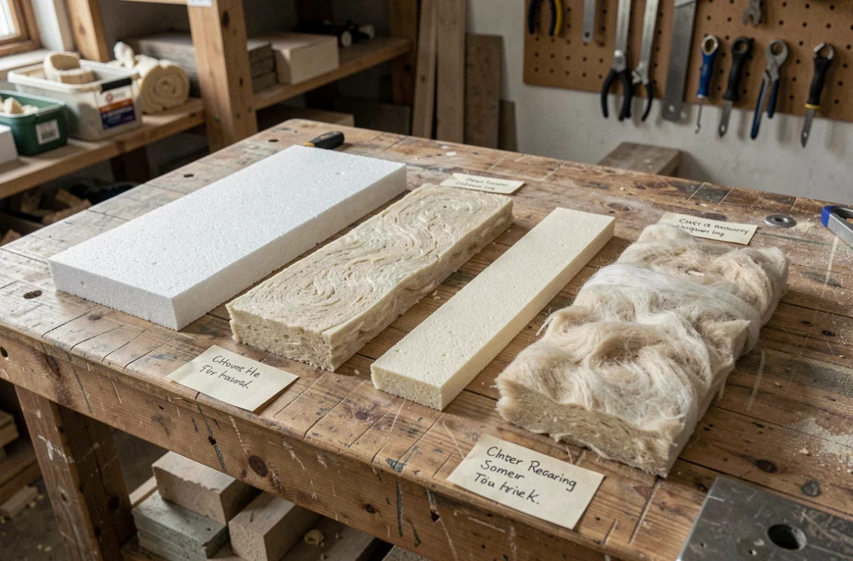 Échantillons de matériaux isolants thermiques disposés sur un établi comparant polystyrène, laine de roche, mousse expansée et laine de mouton