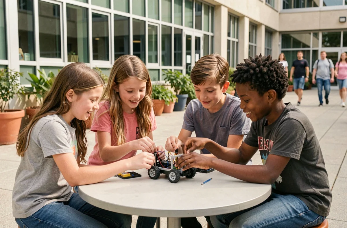 Groupe d'élèves diversifié collaborant sur un projet de robotique dans la cour d'une école contemporaine