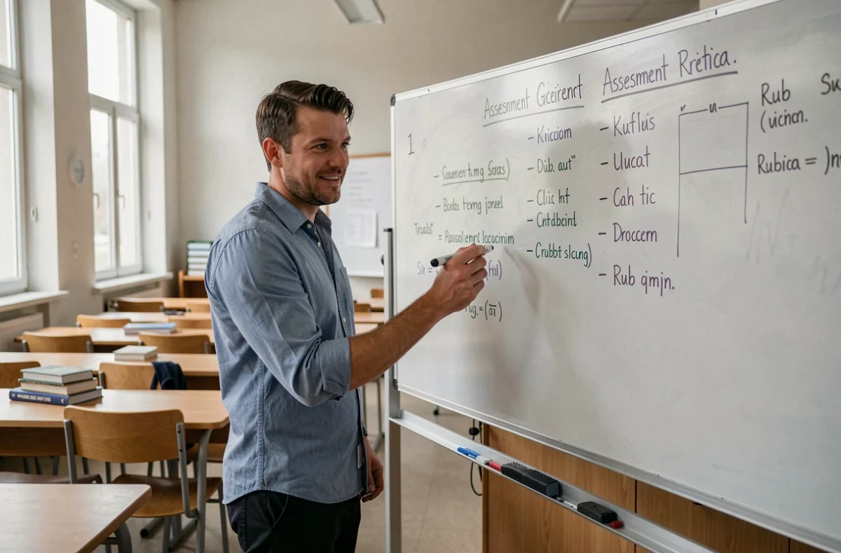 Enseignant expliquant des critères d'évaluation au tableau dans une salle de classe universitaire