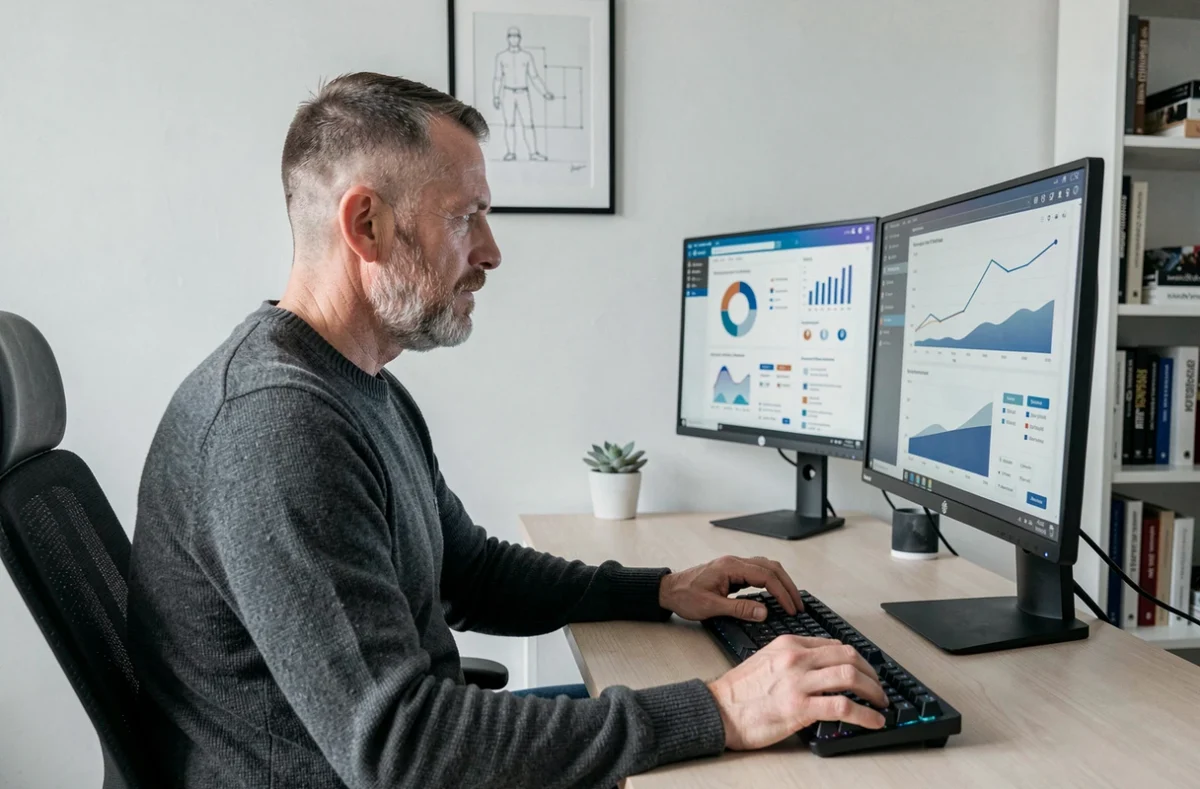 Entrepreneur analysant des données de croissance startup sur deux écrans dans un bureau à domicile minimaliste