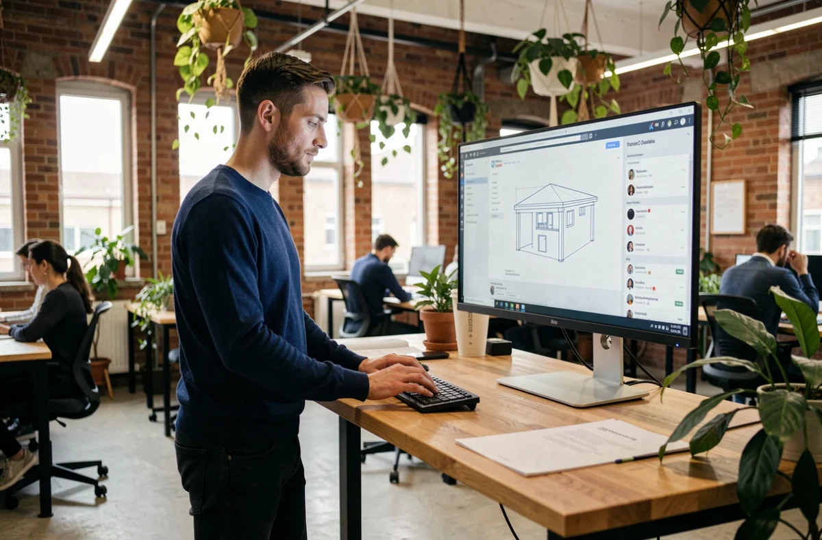 Jeune entrepreneur digital dans un espace de coworking travaillant sur un site web et des outils de gestion de réseaux sociaux