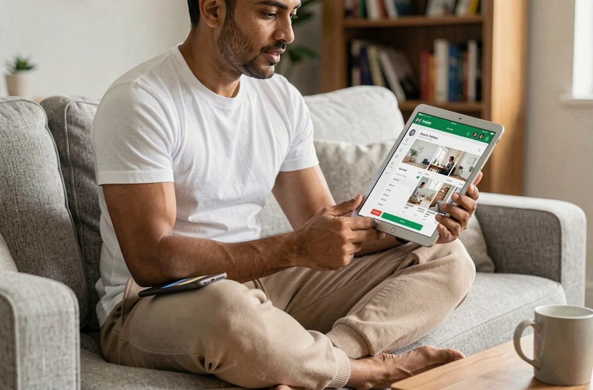 Entrepreneur digital travaillant depuis chez lui sur une boutique en ligne avec une tablette et un smartphone dans un salon confortable